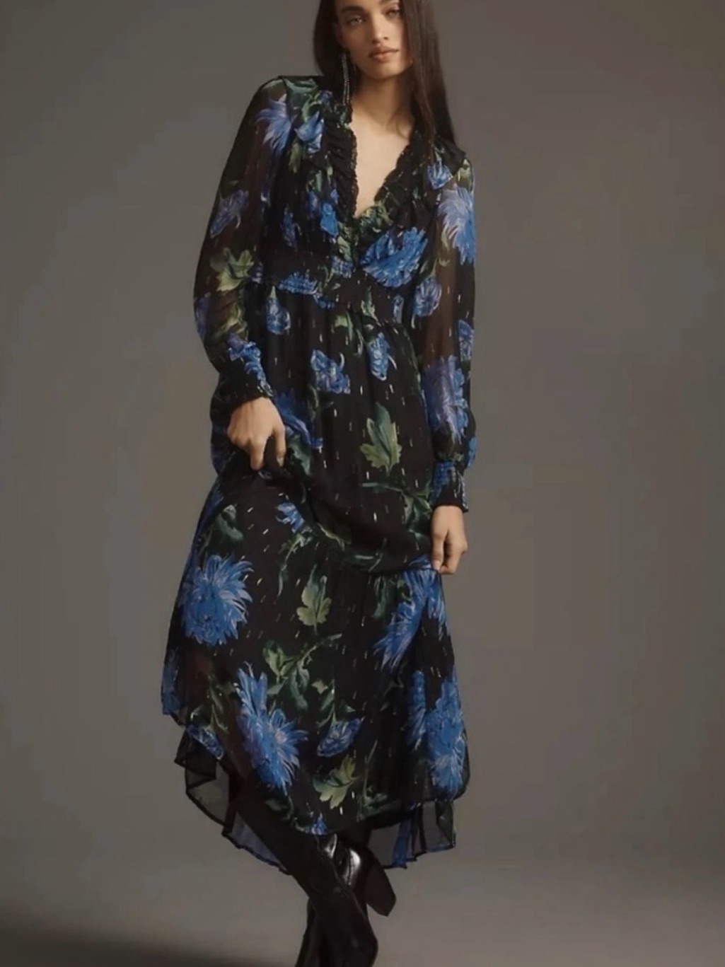 Nwt [$278] Anthropologie The Odetta Black Maxi Dress With Blue Floral Print. M